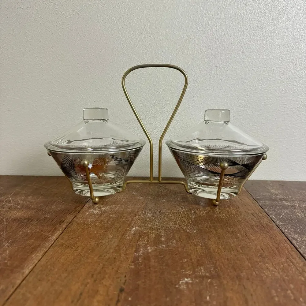 MCM Vintage Retro black gold design glass condiment dishes with‎ metal holder